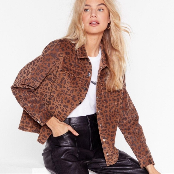 Nasty Gal Jackets & Blazers - Nasty Gal Leopard Print Corduroy Shacket Cropped Jacket Brown Casual Animal